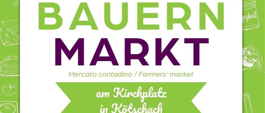 Ein Plakat für einen Bauernmarkt, das verschiedene Lebensmittel wie Gemüse, Fleisch und Getreide zeigt, vor einem grünen Hintergrund. Es enthält Phrasen auf Englisch und Italienisch.