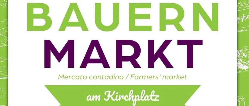 Ein Werbeplakat für den Bauernmarkt in Kotschach, das eine Vielfalt an frischem Obst, Gemüse, Fleisch und anderen lokalen Produkten präsentiert. Es lädt zum Probieren und Genießen ein.