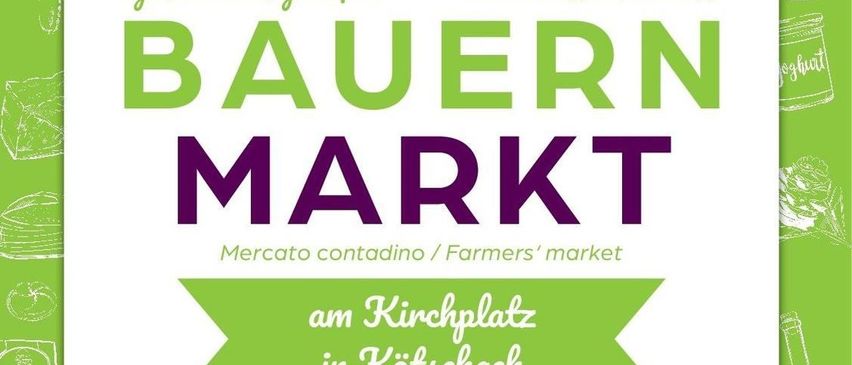 Die Werbung für einen Bauernmarkt in Kotschach, mit frischem Obst und Gemüse und Fleisch, mit einer Einladung zum Kosten und Genießen.