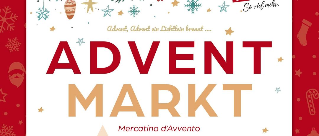 Adventsmarkt am Domplatz in Kötschach-Mauthen. Mit rotem und weißem Hintergrund, Schneeflocken, Sternen und festlichen Elementen. Enthält einen deutschen Satz und einen Weihnachtsbaum.