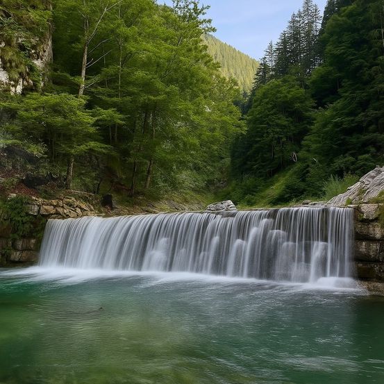 Ein Wasserfall stürzt in einen klaren, smaragdgrünen Pool, umgeben von üppigen grünen Bäumen und felsigen Klippen unter einem klaren blauen Himmel.