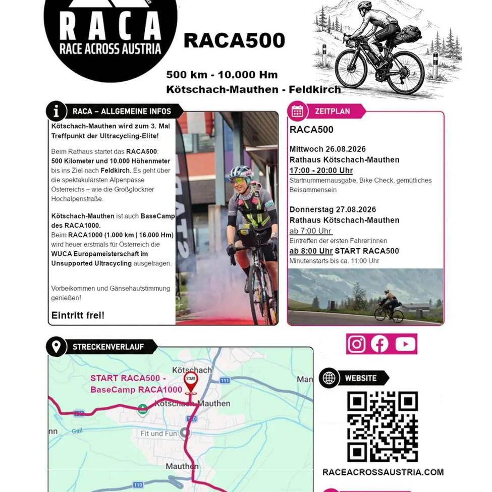 Plakat für das RACA500 Ultracycling-Event in Österreich mit einem Radfahrer, Streckenplan und Zeitplan. Die Veranstaltung beginnt am Mittwoch, 26. August 2026, mit der Anmeldung von 17:00 bis 20:00 Uhr. Das Rennen startet am Donnerstag, 27. August 2026, um 7:00 Uhr.