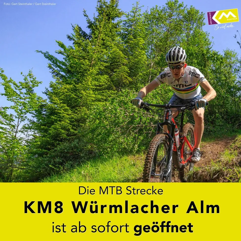 Ein Mountainbiker fährt auf einem Schotterweg, umgeben von grünen Bäumen und Büschen. Der Radfahrer trägt einen Helm, eine Sonnenbrille und ein Radtrikot mit dem Wort BMC. Das Bild hat einen gelben Rand mit Text auf Deutsch.