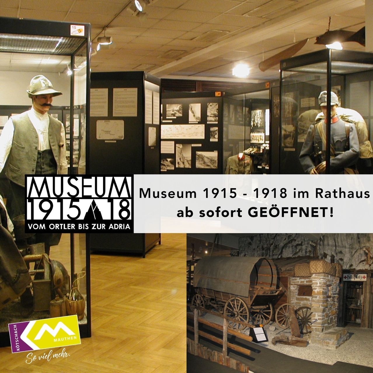 Eine Museumsausstellung zeigt Uniformen und Kriegsrelikte. Ein Dummy trägt Helm und Weste, ein anderer hat ein Gewehr. Die Ausstellung befindet sich im Rathaus und ist von 1915 bis 1918 geöffnet.