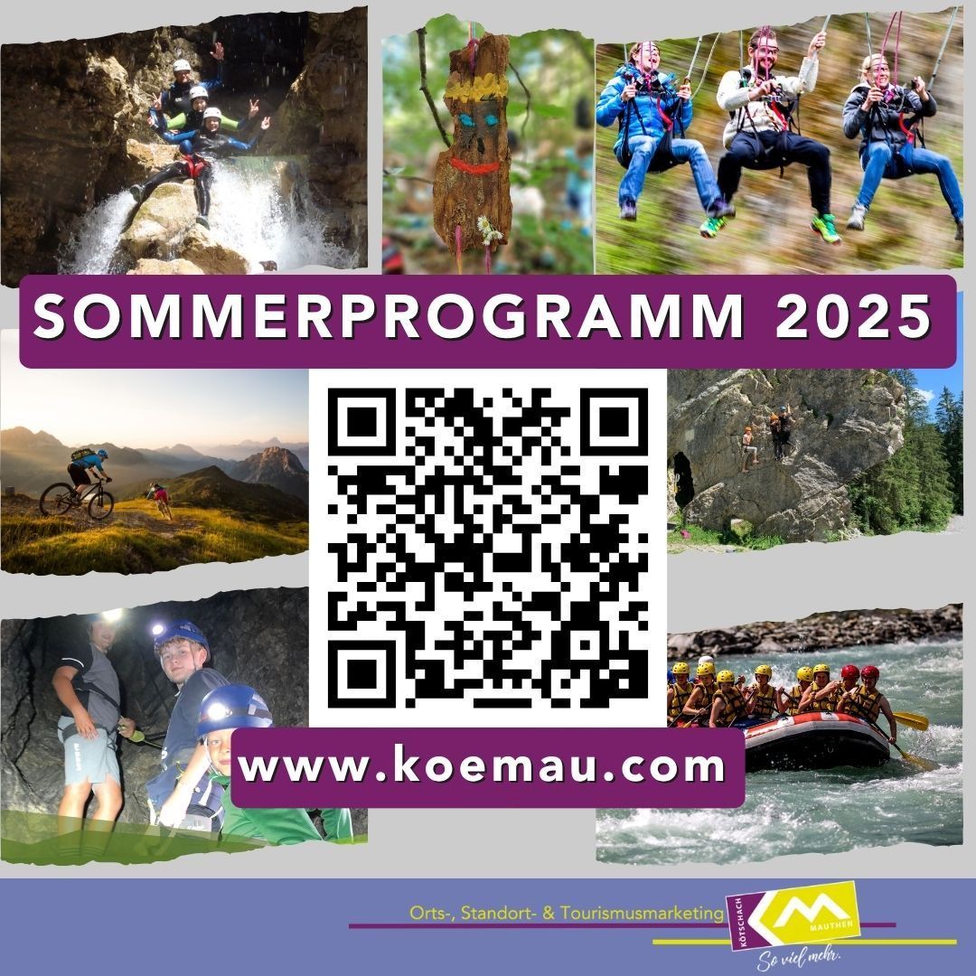 Eine Collage von Abenteueraktivitäten wie Klettern, Schaukeln und Rafting. Ein QR-Code leitet zu einer Website. Der Titel 'SOMMERPROGRAMM 2025' ist prominent angezeigt.