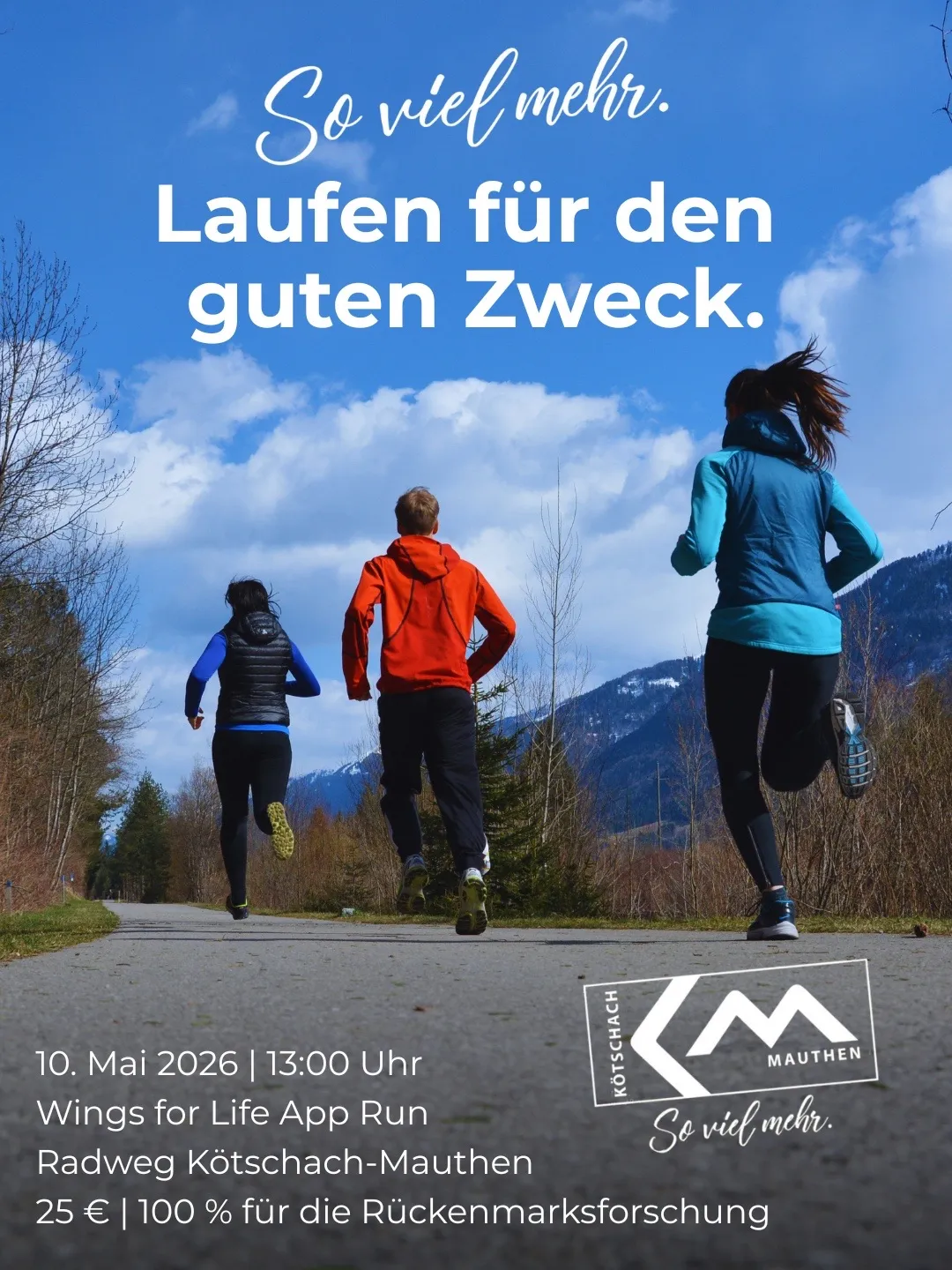 Drei Personen laufen am 10. Mai 2026 um 13:00 Uhr in den Bergen. Das Bild hat einen motivierenden Text und ein Logo.