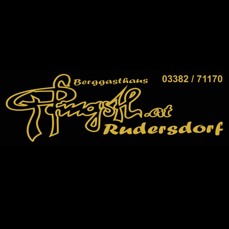 Schwarzer Hintergrund mit gelbem Text. Es steht 'Berggasthaus at Rudersdorf' und enthält die Telefonnummern 03382/71170.