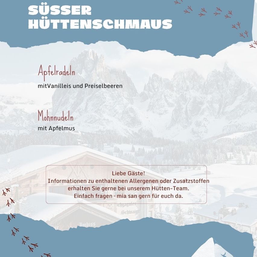 Plakat mit einem verschneiten Berg im Hintergrund und einer gemütlichen Hütte darunter. Es zeigt zwei Arten von Marshmallows, eine mit Vanille- und Brezelbiergeschmack, die andere mit Apfelgeschmack. Es gibt eine Einladung, das Hüttenteam nach Informationen oder zusätzlichen Zutaten zu fragen.