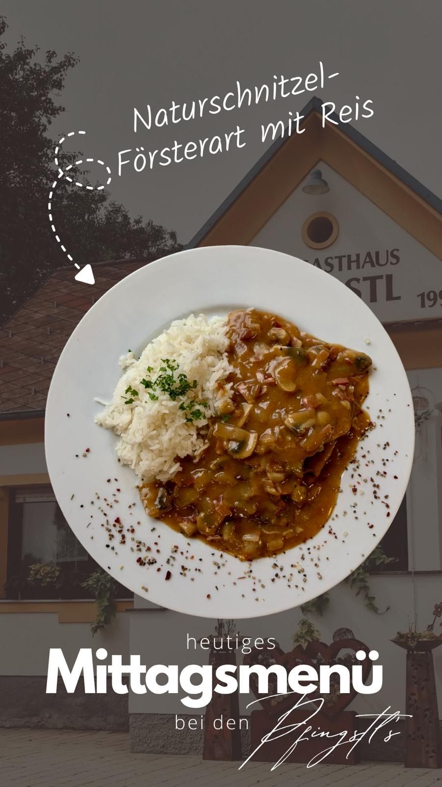 Ein Teller mit cremiger Pilzsauce mit Reis und Beilage. Das Gericht ist auf einem weißen Teller mit einem Gebäude im Hintergrund.