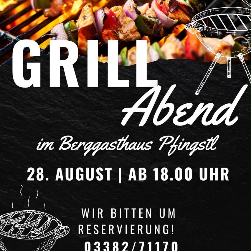 Poster for a barbecue evening event at Berggasthaus Pfingststall on August 28th starting at 6 PM. It features grilled meat and vegetables on a grill.