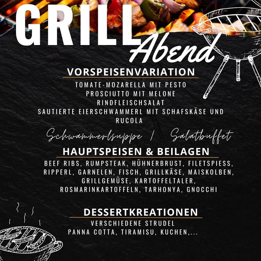 A black poster advertises a grill evening with a variety of dishes including beef ribs, rumpsteak, and various vegetables. It also lists dessert options such as tiramisu and panna cotta.
