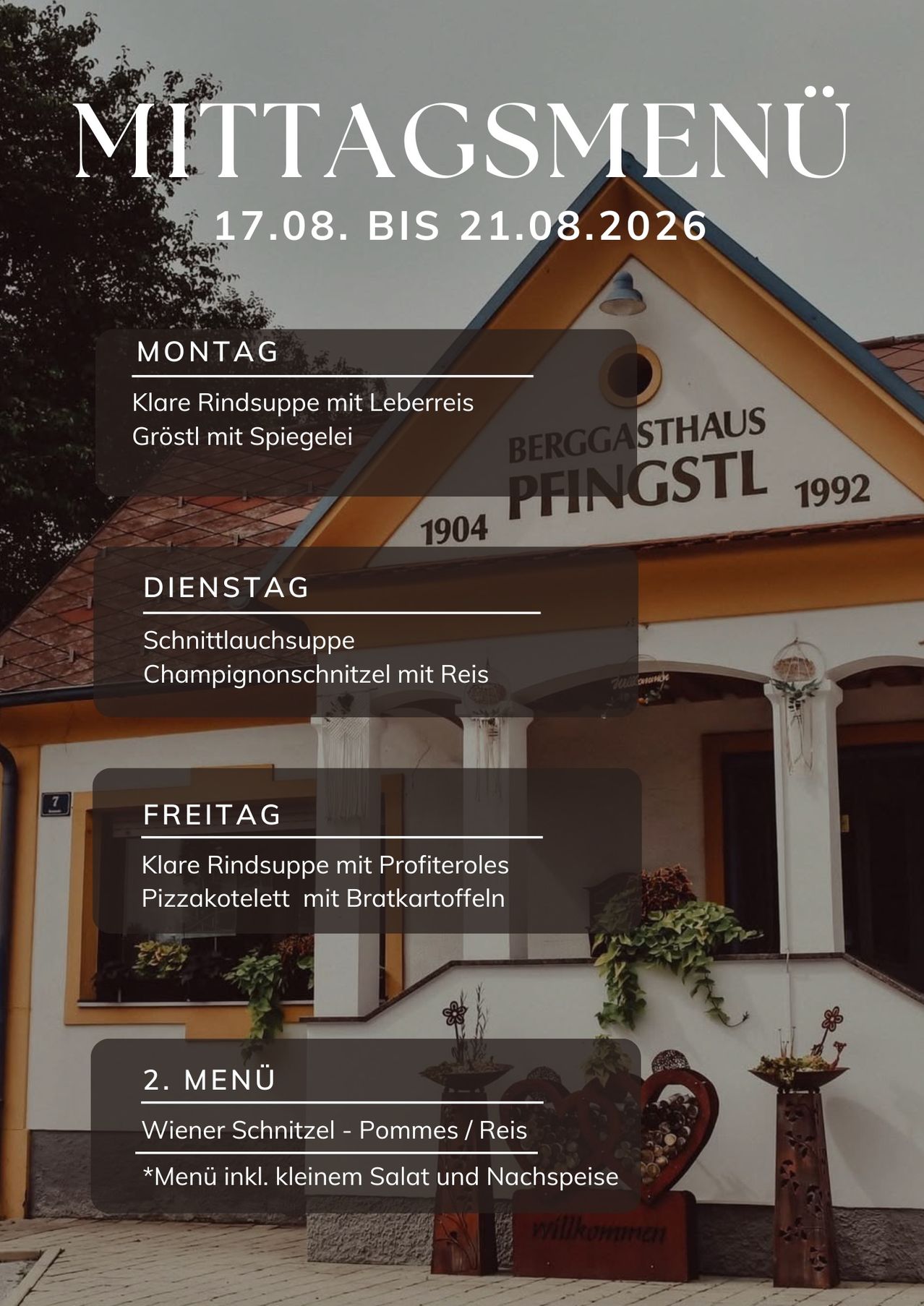 A menu board for a restaurant named Berggasthaus Pfingstli, showing the menu for Monday, Tuesday, and Friday from August 17 to August 21, 2026.