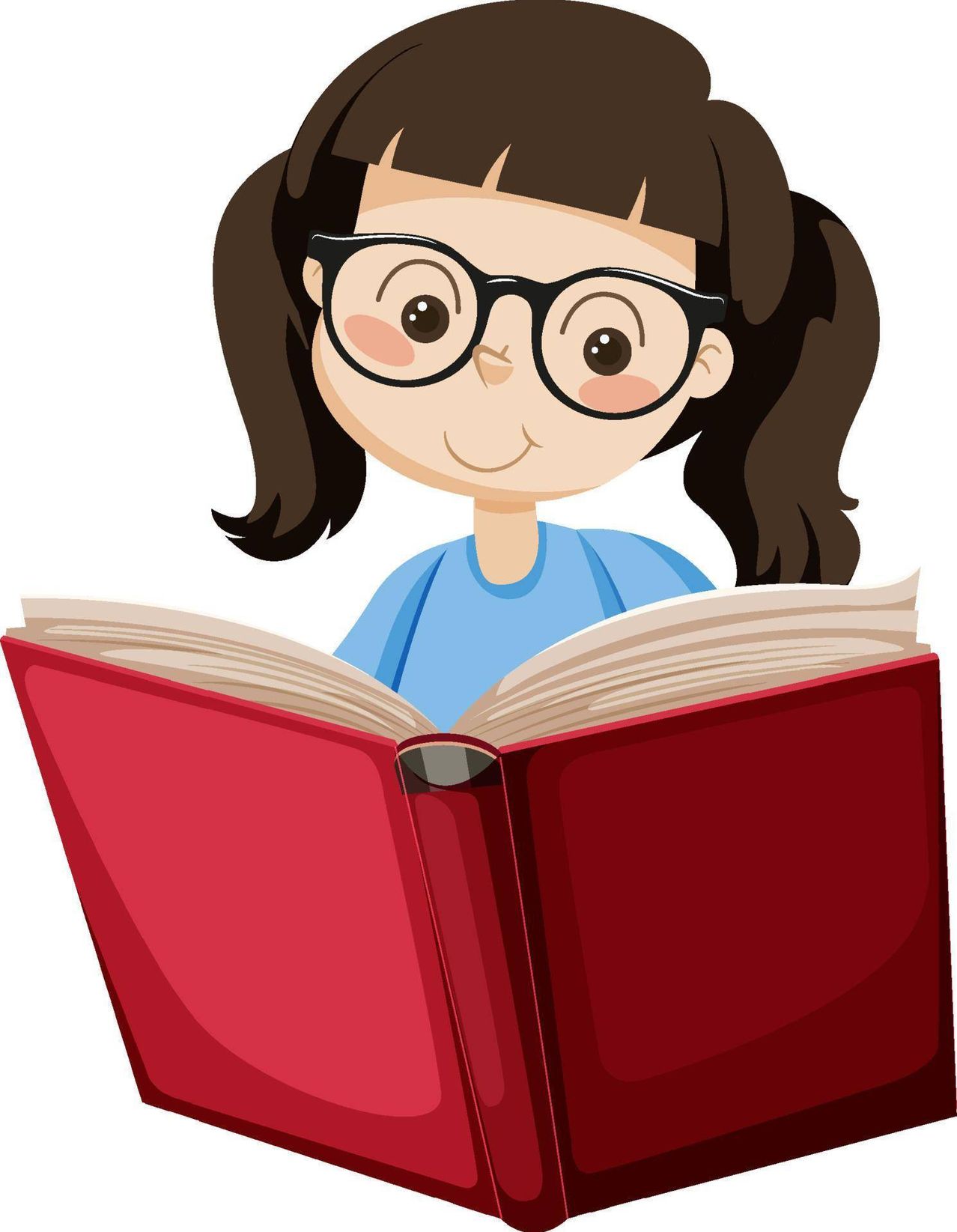 Ein Mädchen mit braunen Haaren liest ein Buch und trägt eine Brille. Sie hat ein Lächeln auf dem Gesicht.