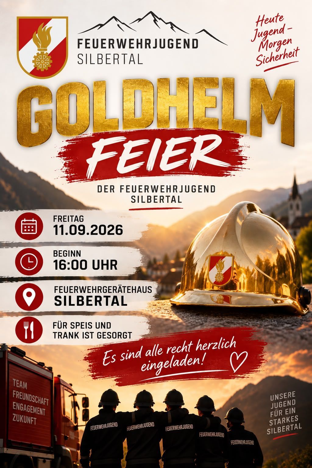 Plakat für Goldhelm Feier-Event am 11.09.2026 mit goldenem Helm, Bergen und Feuerwehrhaus.