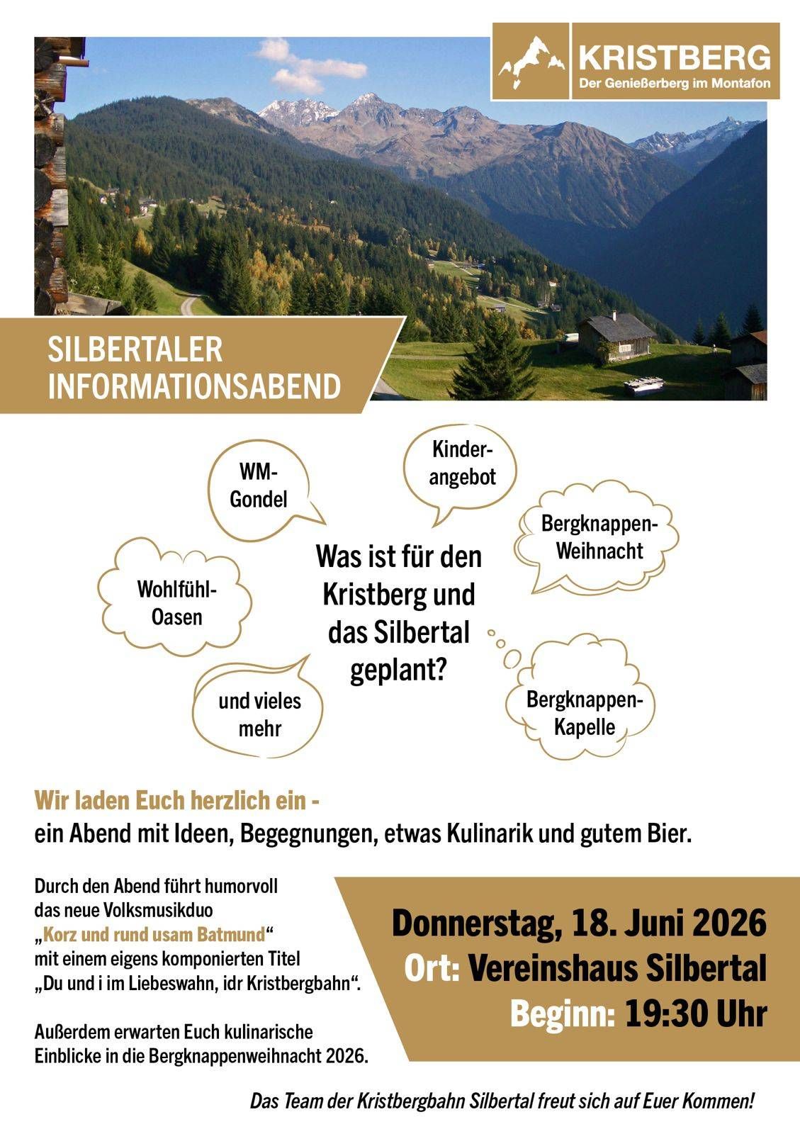 Ein Informationsflyer für Silbertaler Informationabend. Es fragt, wofür der Kristberg und das Silbertal geplant sind und lädt alle zu einem Abend mit Ideen, Begegnungen, etwas Kulinarik und gutem Bier ein.