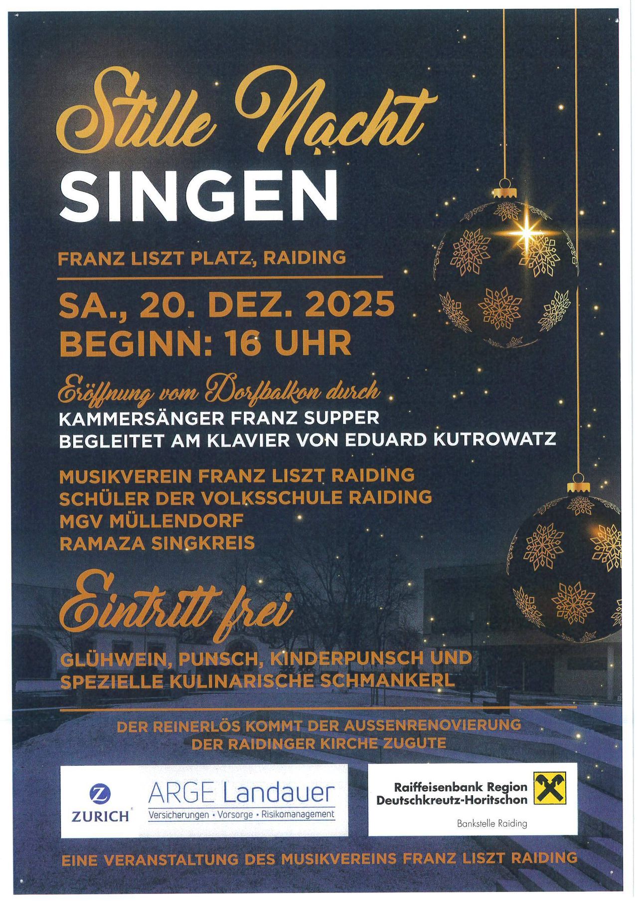 Plakat für ein Weihnachtskonzert in Raiding, Österreich, geplant für den 20. Dezember 2025. Die Veranstaltung beinhaltet eine Aufführung von Franz Supper, begleitet von Eduard Kutrowatz am Klavier. Das Konzert ist frei zugänglich und bietet Glühwein, Punsch und spezielle kulinarische Köstlichkeiten.