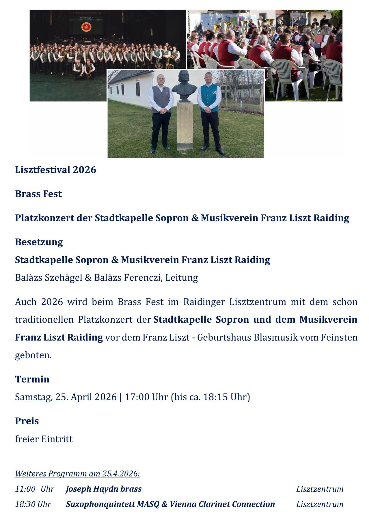 The image shows a flyer for the 2026 Liszt Festival. It features a photo of two men standing in front of a bust, with a white building in the background. The text in German details the event, including a brass festival, a square concert, and free admission.
