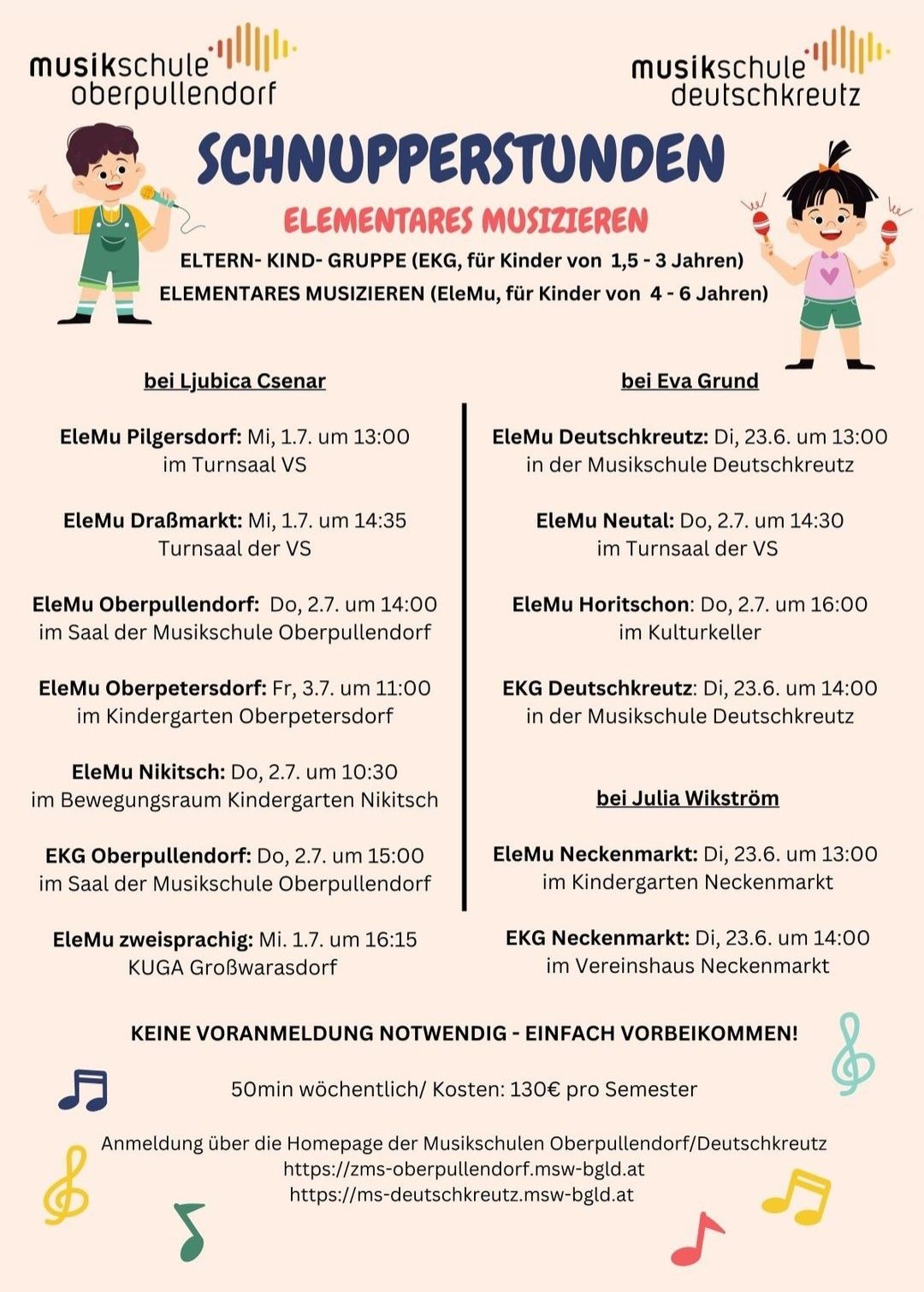 Musikkurse für Kinder. Deutsche Kurse beinhalten 'EleMu Pilgersdorf' und 'EleMu Oberpetersdorf'. Englische Kurse beinhalten 'EleMu Dra8markt' und 'EleMu Oberpullendorf'. Keine Anmeldung erforderlich.
