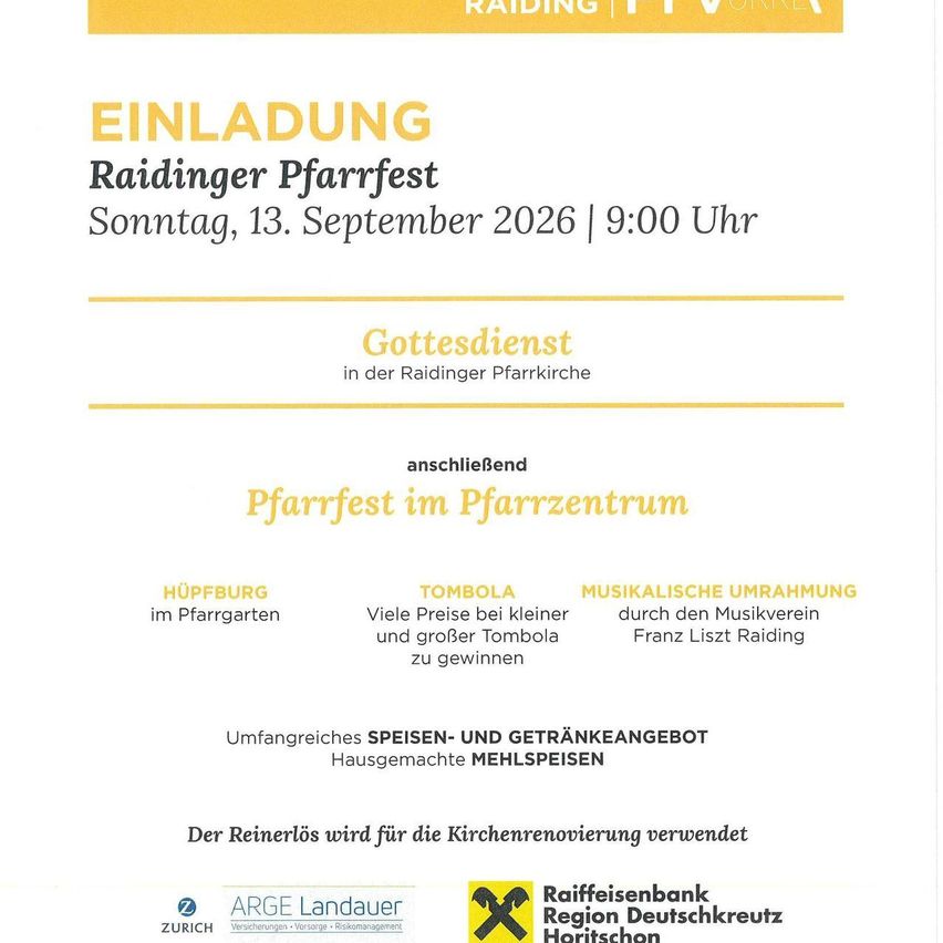 Poster for Raidinger Pfarrfest event on September 13, 2026, at 9:00 AM. Features a church service, tombola game, and musical performances by Franz Liszt Raiting. Includes a food and drink offer. Sponsors include Raiffeisenbank Region Deutschkreutz Horitschon and ARGE Landauer.