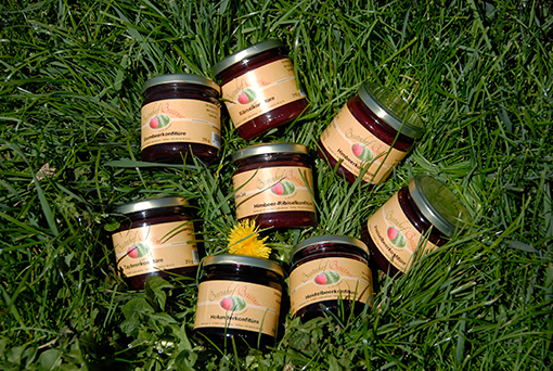 Sieben Gläser Marmelade liegen auf dem Rasen, eines davon offen und eine Distel in der Mitte.
