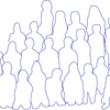 Eine schwarze Silhouette von mehreren menschlichen Figuren, die in einer Reihe stehen, in Blau umrandet.