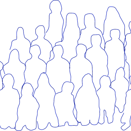 Eine schwarze Silhouette von mehreren menschlichen Figuren, die in einer Reihe stehen, in Blau umrandet.