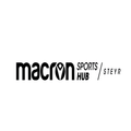 Schwarz-Weiß-Logo für Macron Sports Hub von Steyr, mit dem Namen Macron und dem Namen Steyr mit einem Trennstrich.