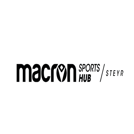 Schwarz-Weiß-Logo für Macron Sports Hub von Steyr, mit dem Namen Macron und dem Namen Steyr mit einem Trennstrich.