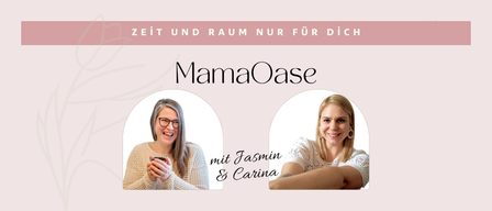Ein rosafarbener Banner mit dem Text 'Zeit und Raum nur für dich' über zwei lächelnden Frauen, die ein Telefon halten. Die Frauen sind Jasmin und Carina.