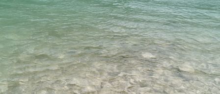Ein klarer Blick auf einen See mit Felsen am Boden und Menschen am Ufer.