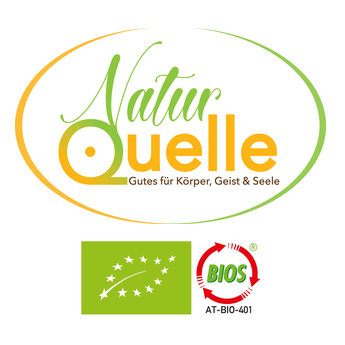 Das Logo zeigt 'Natur Quelle' in Grün, Gelb und Orange mit 'Gut für Körper, Geist & Seele' darunter. Es enthält auch Logos für Bio-Zertifizierung und BIOS.