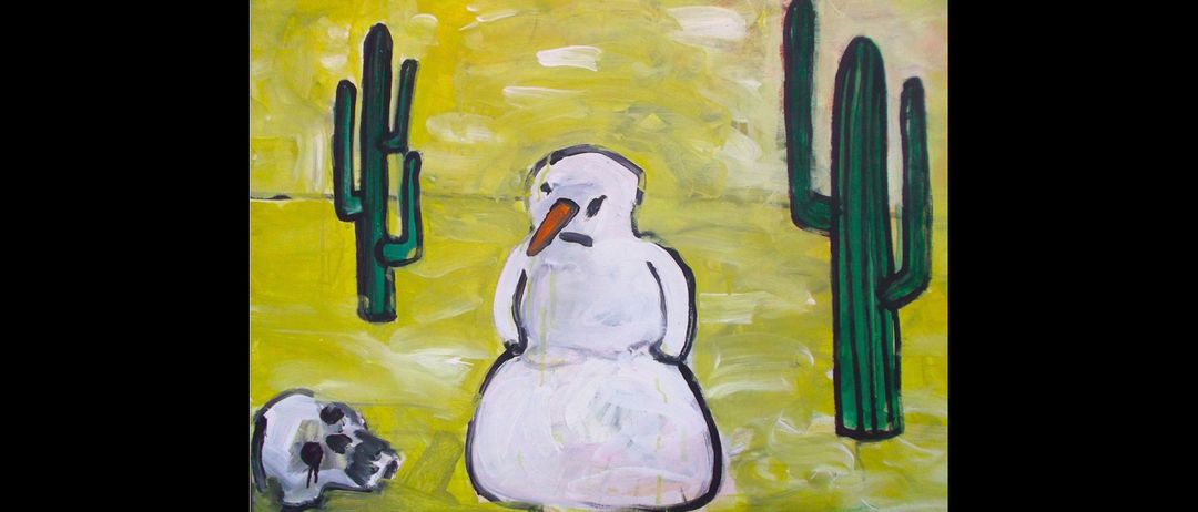 Ein Schneemann mit einer Karottennase steht in einer Wüste mit Kakteen, in leuchtendem Gelb und Weiß gemalt.