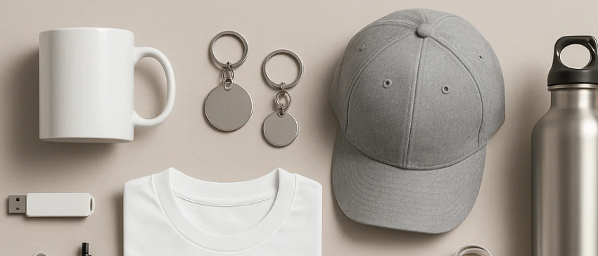 Ein weißer Becher, eine graue Kappe, eine Wasserflasche, Schlüsselanhänger, ein Stift, ein Notizbuch, ein USB-Stick, eine Tragetasche und eine schwarze Tasche sind auf einer beigen Oberfläche zu sehen.