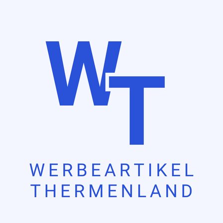 Blaues Logo mit 'WT' in der Mitte und 'WERBEARTIKEL THERMENLAND' darunter. Das 'WT' ist mit einem einzigartigen Design gestylt.