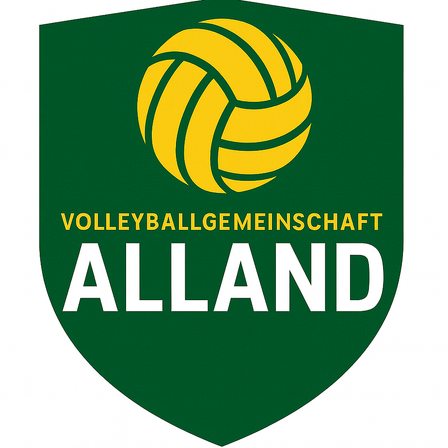 Das Logo der Volleyballgemeinschaft Alland, mit einem gelben Volleyball in einem grünen Schild.