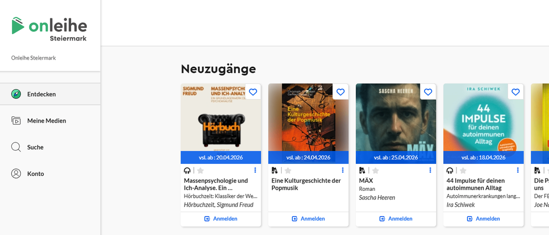 Vier Buchcover mit Titeln und Autoren. Erstes: 'Eine Kulturgeschichte der Popmusik' von Christoph Grotrian Gerhard Gerken. Zweites: 'MAX' von Sascha Heeren. Drittes: '44 Impulse fur deinen autoimmunen Alltag' von Ira Schwiek. Letztes: nicht verfügbar. Jedes Buch hat ein Herzsymbol und ein verfügbares Datum.