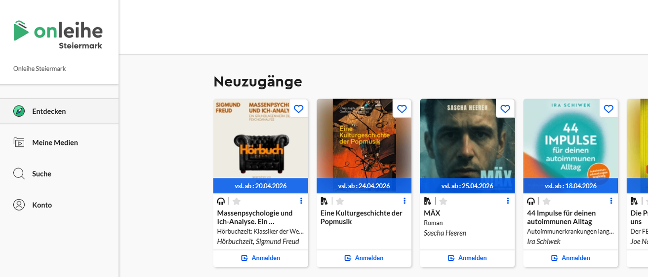 Vier Buchcover mit Titeln und Autoren. Erstes: 'Eine Kulturgeschichte der Popmusik' von Christoph Grotrian Gerhard Gerken. Zweites: 'MAX' von Sascha Heeren. Drittes: '44 Impulse fur deinen autoimmunen Alltag' von Ira Schwiek. Letztes: nicht verfügbar. Jedes Buch hat ein Herzsymbol und ein verfügbares Datum.