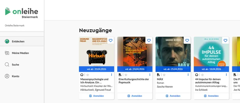 Vier Buchcover mit Titeln und Autoren. Erstes: 'Eine Kulturgeschichte der Popmusik' von Christoph Grotrian Gerhard Gerken. Zweites: 'MAX' von Sascha Heeren. Drittes: '44 Impulse fur deinen autoimmunen Alltag' von Ira Schwiek. Letztes: nicht verfügbar. Jedes Buch hat ein Herzsymbol und ein verfügbares Datum.