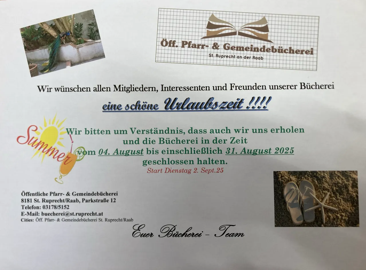 Die Bibliothek ist vom 4. August bis einschließlich 31. August 2025 geschlossen. Die Bibliothek öffnet am Dienstag, 2. September 2025. Kontakt: st.ruprecht@st.ruprecht.at.