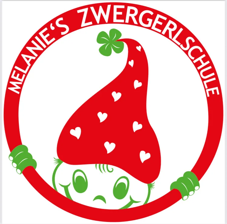 Ein Logo für Melanies Zwergerschule zeigt ein Cartoon-Kind, das einen roten Pilzhut mit Herzen und einem grünen vierblättrigen Kleeblatt auf der Oberseite trägt. Das Kind hält den Hut mit beiden Händen. Der Text 'MELANIE'S ZWERGERSCHULE' ist in Fettdruck um den Kreis herum geschrieben.