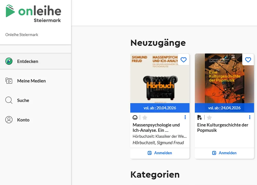 Eine Seite mit zwei Buchempfehlungen. Das erste Buch ist 'Massenpsychologie und Ich-Analyse' von Sigmund Freud, verfügbar ab dem 20.04.2026, mit der Option zur Anmeldung. Das zweite Buch ist 'Eine Kulturgeschichte der Popmusik', verfügbar ab dem 24.04.2026, ebenfalls mit einer Anmeldungsoption.