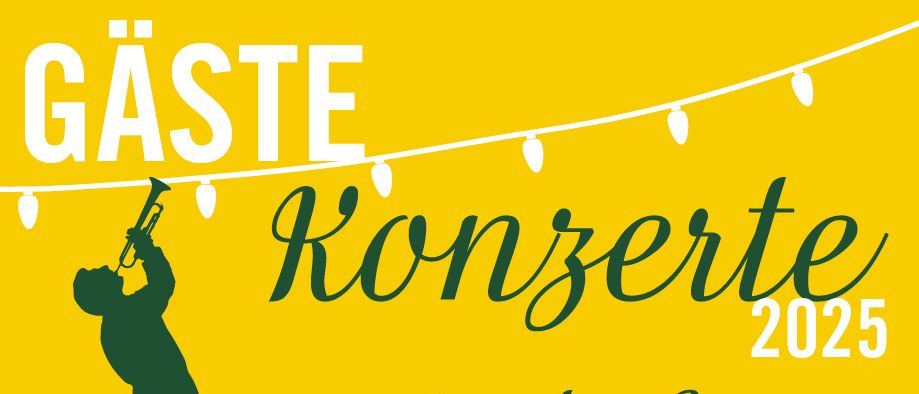 Plakat für Gastkonzerte des Musikvereins Freistadt Rust im Jahr 2025. Zeigt eine Silhouette einer Person, die Trompete spielt, umgeben von einer festlichen Atmosphäre mit Lichterketten. Der Text gibt an, dass die Veranstaltung frei ist und am 19:30 Uhr an bestimmten Freitagen im Juli und August beginnt.