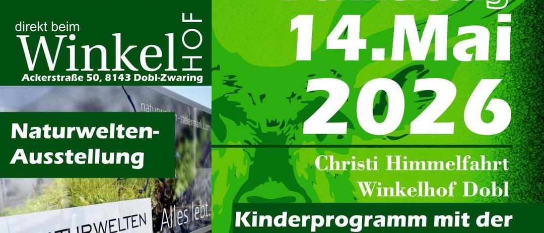 Ein Plakat für die JAGD-Veranstaltung in Dobl mit grünem Hintergrund und verschiedenen Bildern. Die Veranstaltung findet am Donnerstag, den 14. Mai 2026, statt. Es beinhaltet eine Naturausstellung, ein Kinderprogramm mit Berg- und Naturbeobachtung und Verpflegungsoptionen.