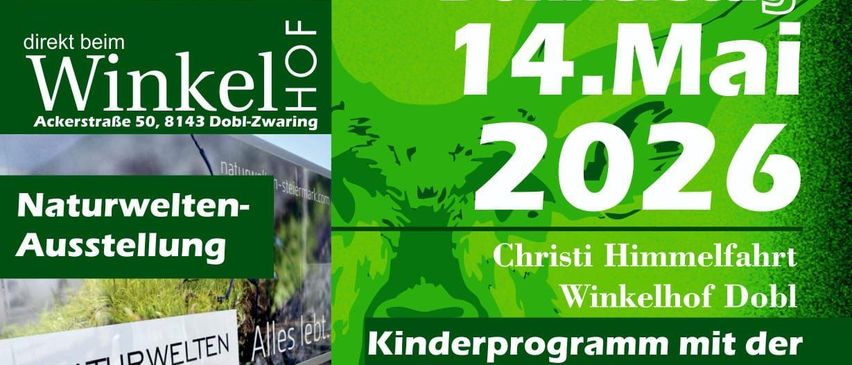 Ein Plakat für die JAGD-Veranstaltung in Dobl mit grünem Hintergrund und verschiedenen Bildern. Die Veranstaltung findet am Donnerstag, den 14. Mai 2026, statt. Es beinhaltet eine Naturausstellung, ein Kinderprogramm mit Berg- und Naturbeobachtung und Verpflegungsoptionen.