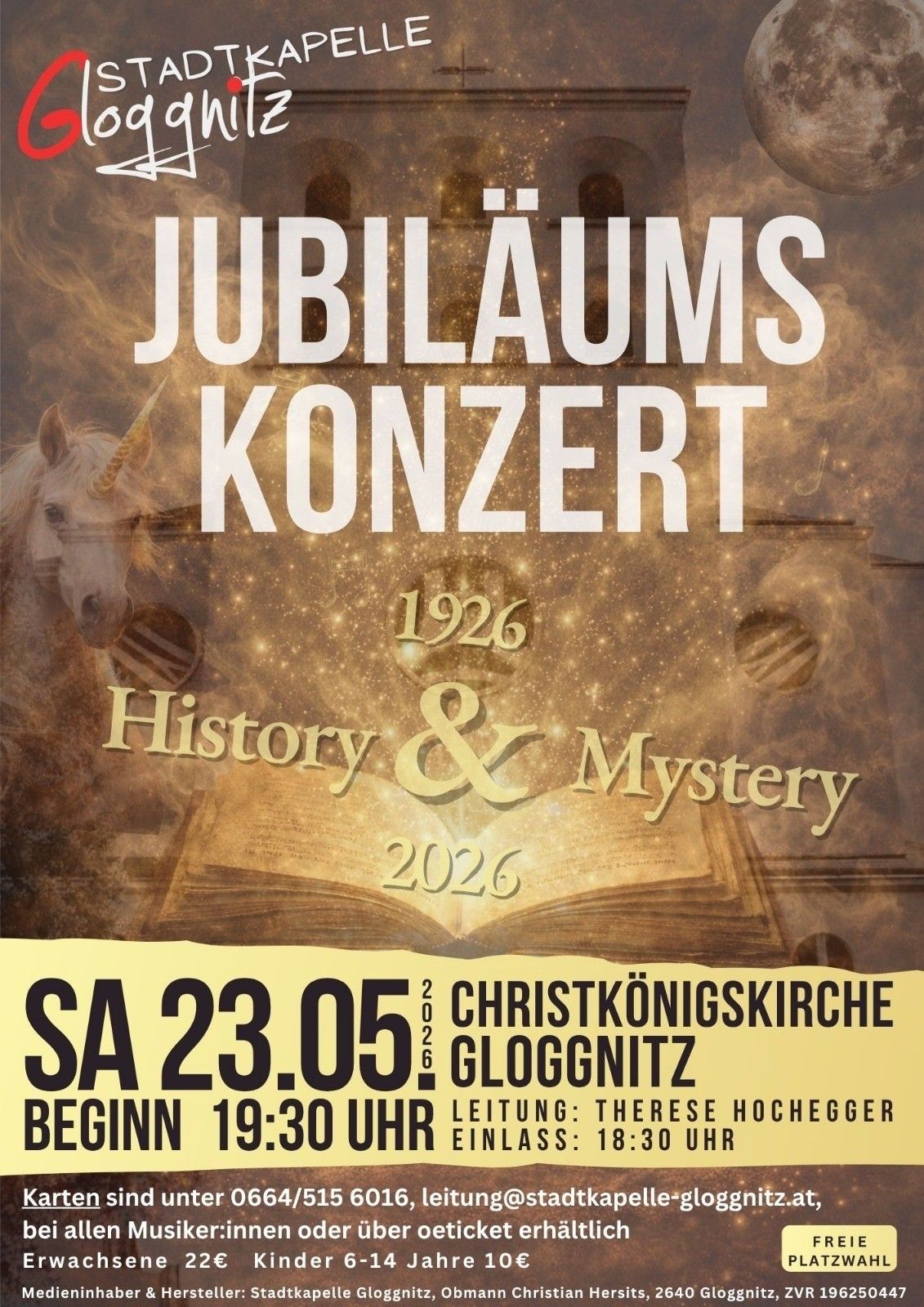 Jubilee concert poster with a unicorn, an open book, and a building. The text reads Jubilee Concert History & Mystery 1926-2026. Event on Saturday, May 23, 2026 at Christkoenigskirche Gloggnitz.