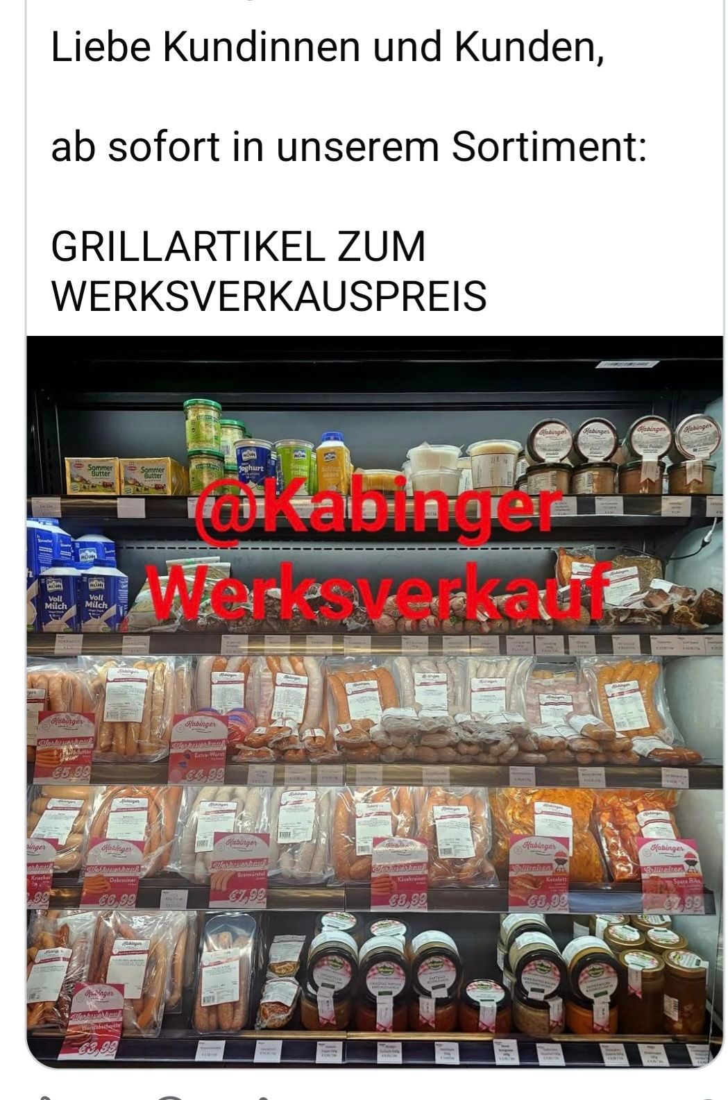 Grocery store shelf with various food items including sausages, cheeses, and butter. The price tags indicate a factory sale price. Top shelf contains yogurts and other dairy products. Bottom shelf displays various sausages in plastic packaging.