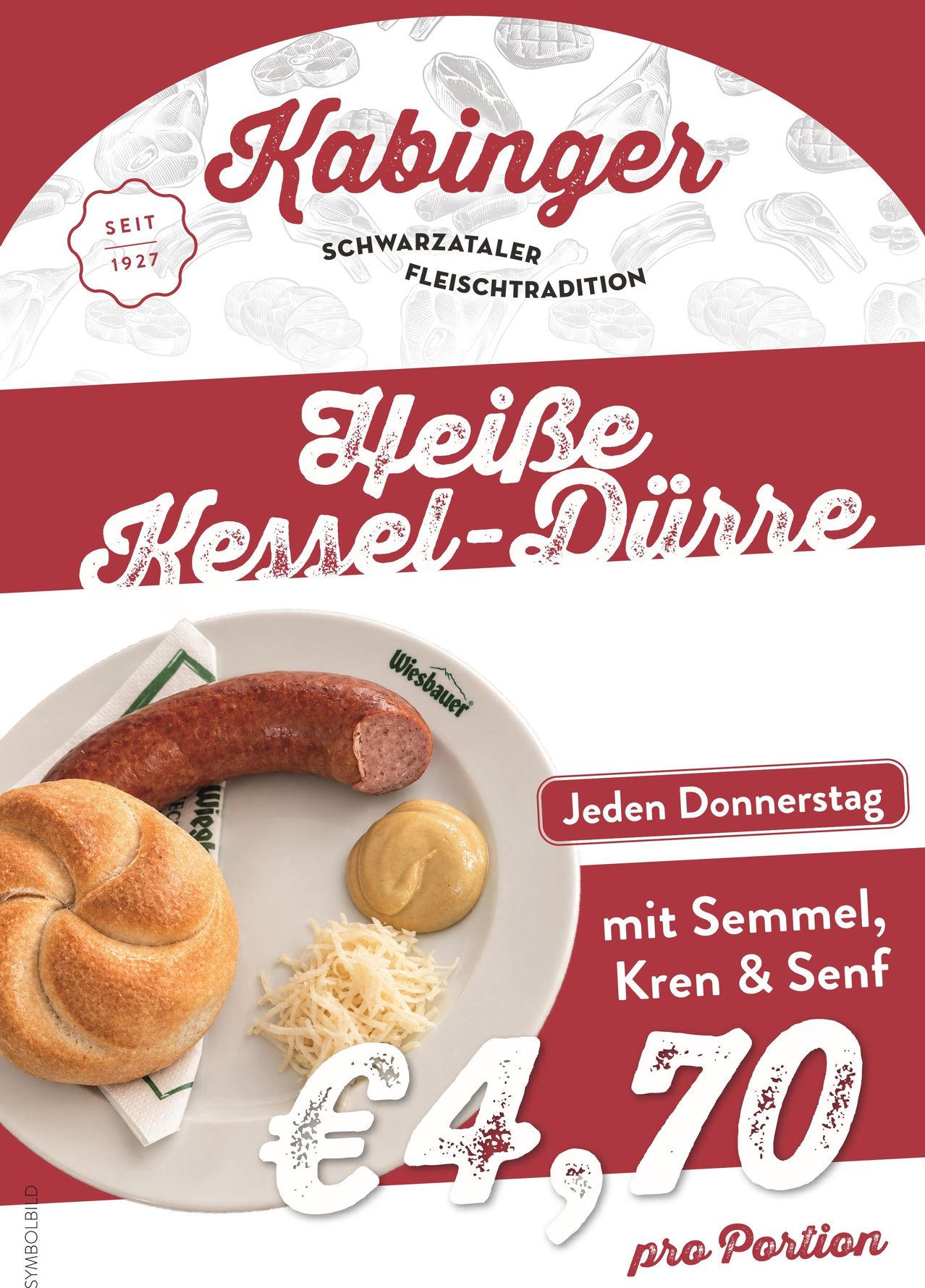 A plate with a sausage, bread roll, mustard, and cheese on a white plate with a green and white napkin. The image is an advertisement for a restaurant.