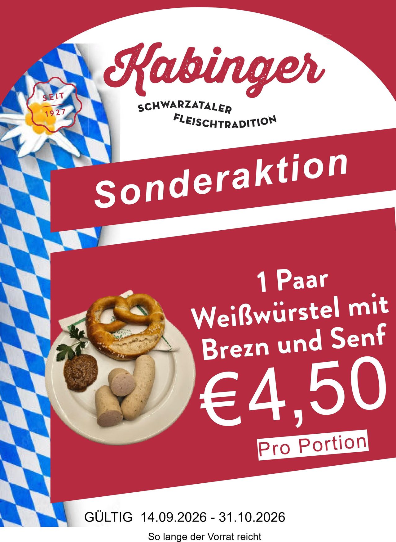 An advertisement for a special offer at a restaurant featuring a plate of sausages, pretzels, and mustard for 4.50 euros per portion.