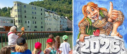 Fünf Kinder betrachten eine Puppe, die auf einem Balkon steht. Auf der anderen Seite posiert eine Zeichentrickfigur mit einem Felsen, der das Jahr 2021 trägt.