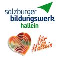 Logo des Salzburger Bildungswerk Hallein auf weißem Hintergrund mit einem farbenfrohen Spiralherzdesign und dem Text 'für Hallein'.